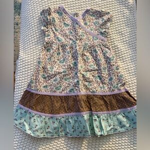 Girls Floral Patchwork Casual Dress in Lavender, Teal & Brown